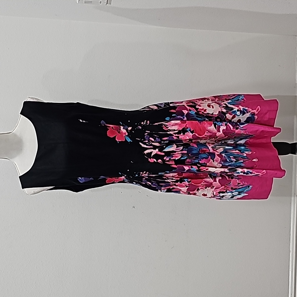 Leslie Fay Floral Print Fit And Flare Dress, Sleeveless pink black prints Size 1